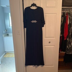 MARINA Navy Long Sleeve Evening Gown with Beaded Waist